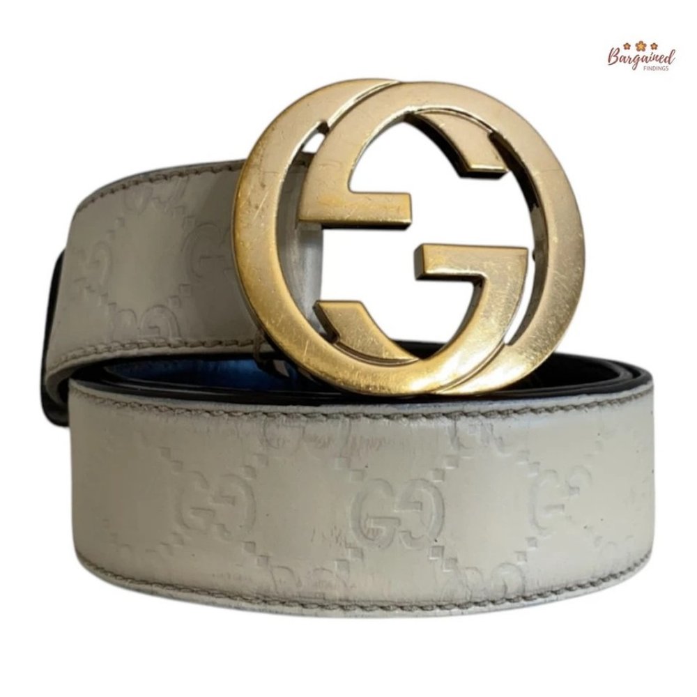 Authentic Gucci Cream Guccissima Leather Gold Interlocking G Buckle Belt 90/36